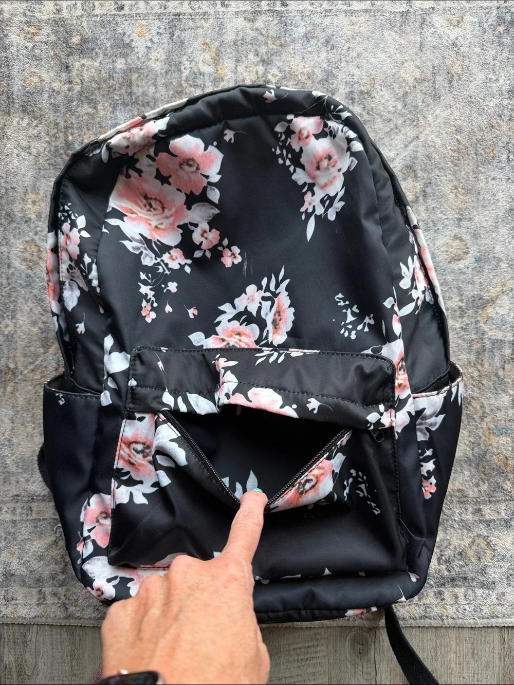 Floral Print Black Backpack with Pink Accent